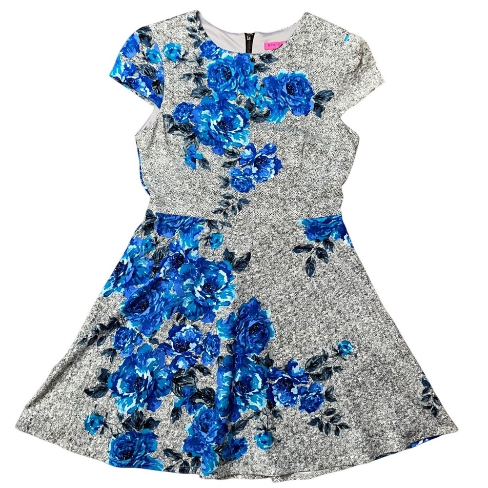 Betsey Johnson Blue Floral Grey Marled Fit Flare Skater Dress Size 12 4H130